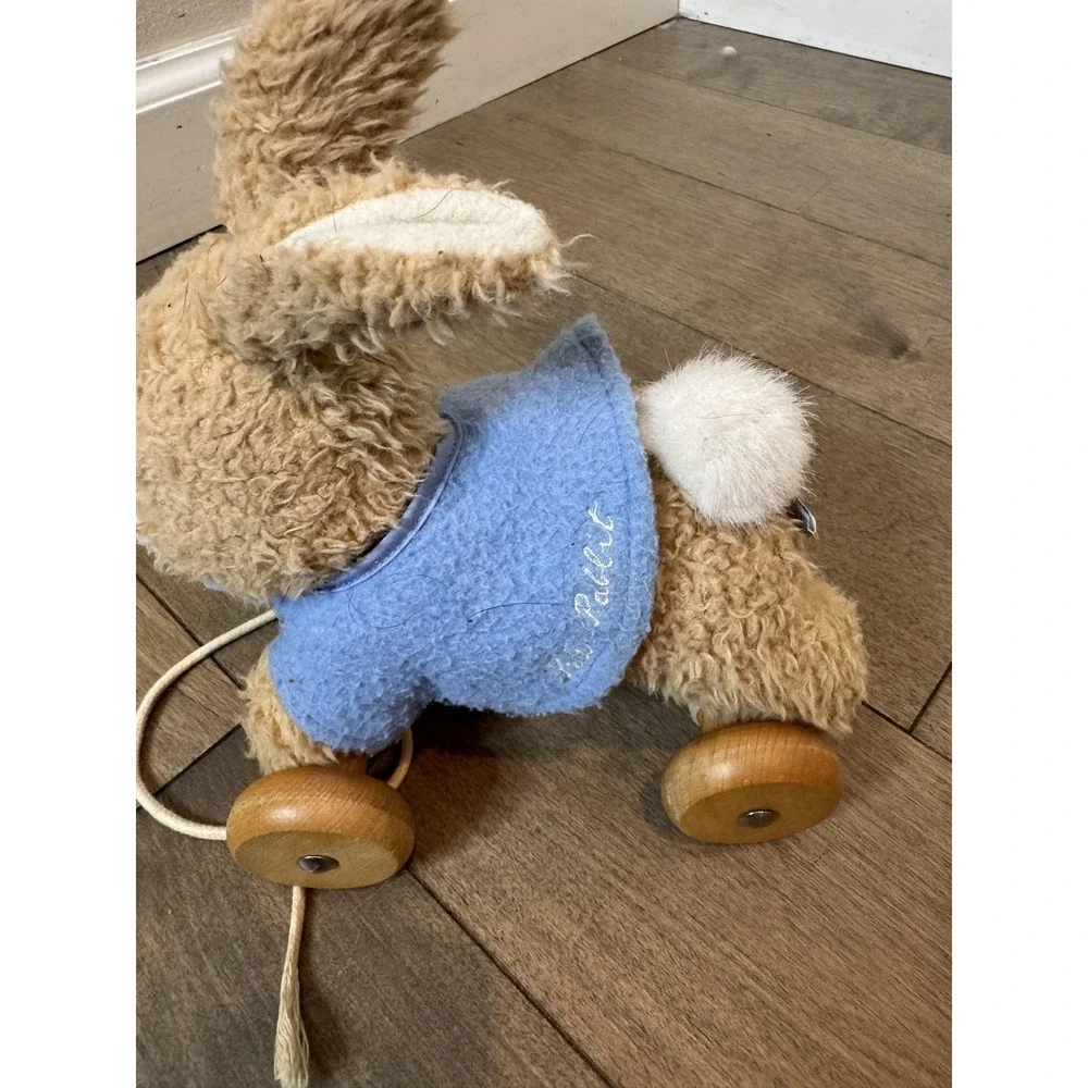 Vintage Eden Peter Rabbit Plush Pull Toy Bunny Wooden‎ Wheels Small Blue Coat